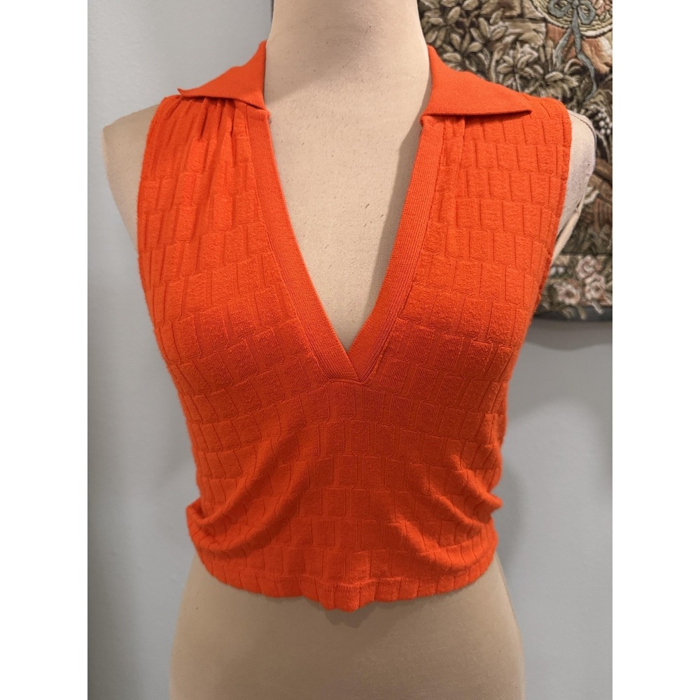 Zara Sweater Vest Womens Small‎ Orange Collared Deep V Neck Textured Knit Top